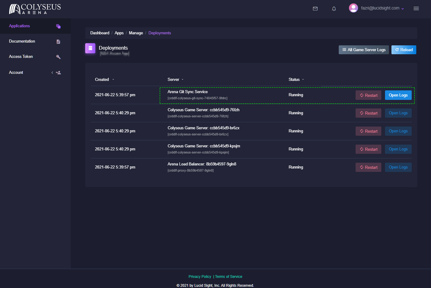 Arena Application Management View